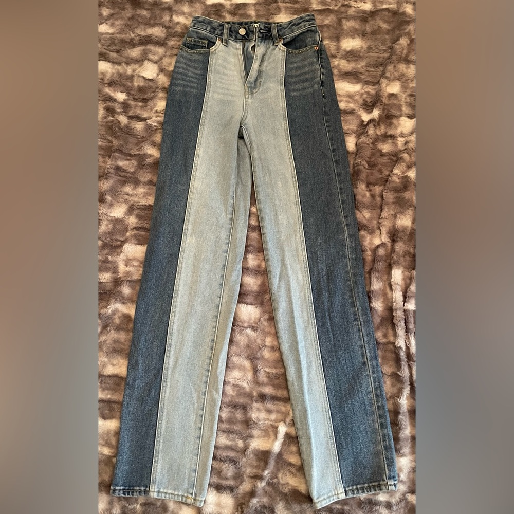 PACSUN high rise straight leg two tone denim jeans